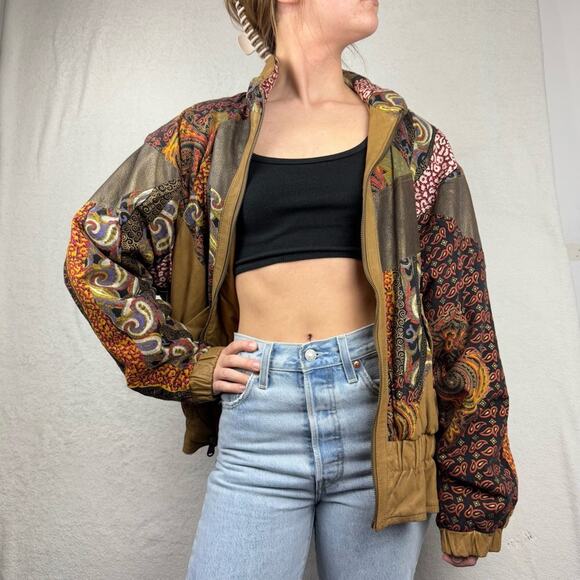 Vintage Tan Genuine Leather Patchwork Scrunched Full Zip Bomber Jacket Size S - Picture 2 of 16